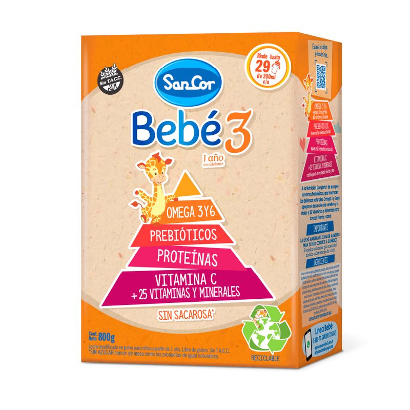 Combo Sancor Bebé Leche Infantil Original Polvo 1 a 3 Años x 3 un x 800 g  c/u