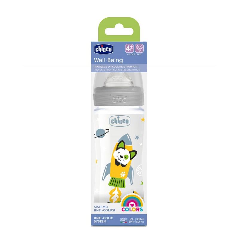 Mamadera Chicco Wellbeing Anticolic 330ml 4m+ Flujo Rapido - Bebelli