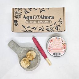 Set Aromatizante Flores Rosas Aquí y Ahora Cuenco Sahumador + Sahumerio + Vela de Soja