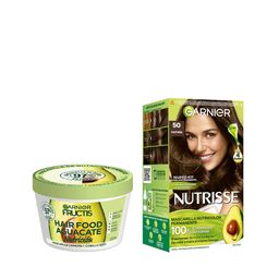 Combo Tratamiento Garnier Fructis Hair Food Máscara de Nutrición x 350 ml + Kit Coloración Permanente Nutrisse Clásicos Tono 50 Castaña Clasico