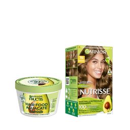 Combo Tratamiento Garnier Fructis Hair Food Máscara de Nutrición x 350 ml + Kit Coloración Permanente Nutrisse ClásicosTono 70 Almendra Clasico