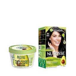 Combo Tratamiento Garnier Fructis Hair Food Máscara de Nutrición x 350 ml + Kit Coloración Permanente Nutrisse Clásicos Tono 10 Ebano Negro Clasico