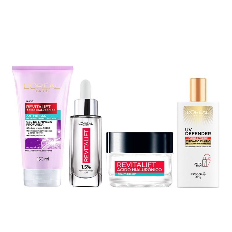 kit-completo-pieles-mixtas-loreal-paris-Gel-de-limpiez-serum-rostro-gel-crema--protector-solar-fps-50