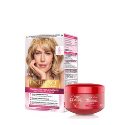 Combo Excellence Creme Tono 8 Rubio Claro + Elvive Colorvive Crema Tratamiento 300 ml