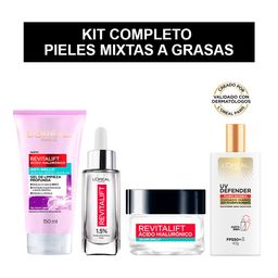 Combo L'Oreal Paris Gel de limpieza x 150 ml + Sérum Rostro x 30 ml + Gel Crema x 50 ml + Protector Solar Fps +50 x 40 g