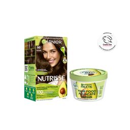 Combo Tratamiento Garnier Fructis Hair Food Máscara de Nutrición x 350 ml + Kit Coloración Permanente Nutrisse Clásicos Tono 50 Castaña Clasico