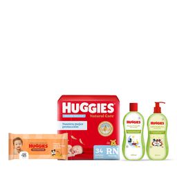 Combo Huggies Natural Care Pañales Talle RN + Toallitas Húmedas Triple Protección con Óleo Calcáreo + Jabon Liquido + Shampoo Hora de Soñar