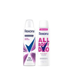 Combo Rexona Femenino All Body Deo Wild Rose en Aerosol x 150ml + Antitranspirante Active Emotion en Aerosol x 150ml