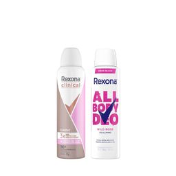 Combo Rexona Femenino All Body Deo Wild Rose en Aerosol x 150ml + Antranspirante Clinical Classic en Aerosol x 150ml