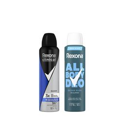 Combo Rexona Masculino All Body Deo Ocean Rush en Aerosol x 150ml + Antranspirante Clinical Clean en Aerosol x 150ml