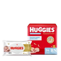 Combo Huggies Natural Care Pañales Talle RN + Toallitas Húmedas Triple Protección con Óleo Calcáreo