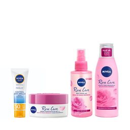 Combo Nivea Rose Care Mist Facial en Spray x 150 ml + Crema Facial Hidratante en Gel + Leche y Tónico Micelar 2 en 1 + Protector Solar Facial Control