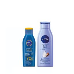Combo Nivea Protector Solar Protect & Hydrate FPS 70 x 200 ml + Crema Corporal Soft Milk 5 en 1 Piel Seca x 400 ml