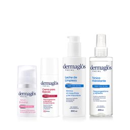 Combo Dermaglós Leche Facial Limpieza Activa + Tónico Facial Hidratante + Sérum Ectoina + Crema Facial para Rojeces FPS 30