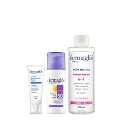 Combo Dermaglós Agua Micelar 6 en 1 + Emulsión Facial Hidratante de Día Fps 20 + Protector Solar Facial FPS50 Efecto Seco
