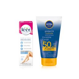 Combo Crema Depilatoria Veet Silk & Fresh Piel Sensible x 100 ml + Protector Solar Nivea Sun Protect & Hydrate Invisible Finish Fps 50 x 150 ml