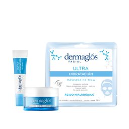 Combo Dermaglós Ultra Hidratación Crema Gel Contorno de Ojos x 15 g + Crema Facial Diaria x 50 g + Máscara de Tela x 15 ml