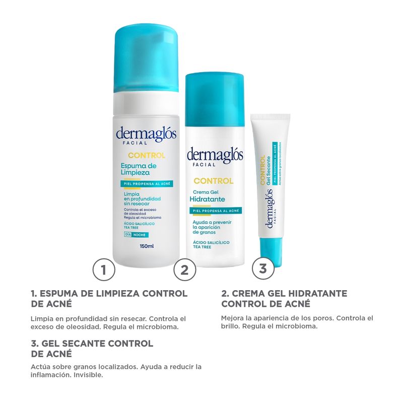 combo-dermaglos-acne-espuma-crema-gel-secante