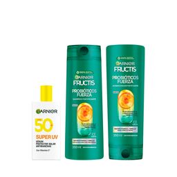 Combo Fructis Probióticos Fuerza Shampoo + Acondicionador + Protector Solar Anti-Manchas Fps 50+