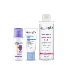 Combo Dermaglós Agua Micelar 6 en 1 200 ml + Emulsión Día FPS 30 50 ml + Protector Solar Facial FPS 50 Efecto Seco 50 g
