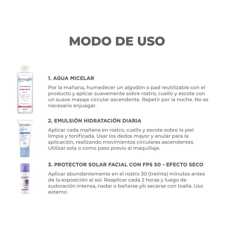 combo-dermaglos-agua-micelar-6-en-1-200-ml-emulsion-dia-fps-30-50-ml-protector-solar-facial-fps-50-efecto-seco-50-g
